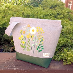 Project bag, neszeszer - Hímzett vadvirágos, szürke - táska & tok - bevásárlás & shopper táska - shopper, textiltáska, szatyor - Meska.hu
