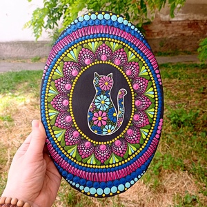 Pontozott mandala ovális, cicás - művészet - festmény - festmény vegyes technika - Meska.hu