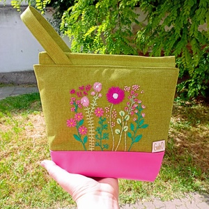Project bag, neszeszer - Hímzett vadvirágos, pink, Táska & Tok, Bevásárlás & Shopper táska, Shopper, textiltáska, szatyor, Varrás, MESKA