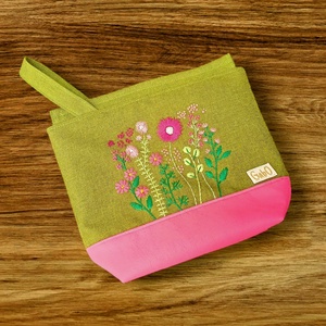 Project bag, neszeszer - Hímzett vadvirágos, pink - táska & tok - bevásárlás & shopper táska - shopper, textiltáska, szatyor - Meska.hu