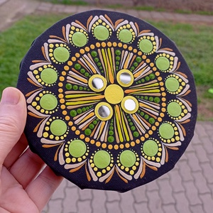 Pontozott mandala Zöld-sárga, tükrökkel - művészet - festmény - festmény vegyes technika - Meska.hu