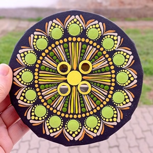 Pontozott mandala Zöld-sárga, tükrökkel, Művészet, Festmény, Festmény vegyes technika, Festészet, MESKA