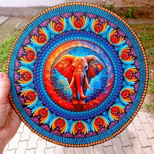Erő és Bölcsesség Őrzője  Pontozott elefántos mandala (fém betéttel), Művészet, Festmény, Festmény vegyes technika, Festészet, MESKA