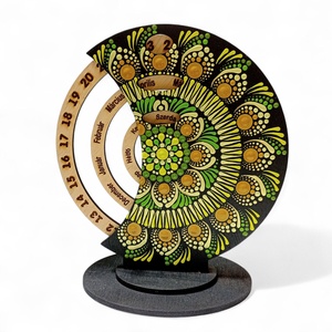 Pontozott mandala fa öröknaptár, zöld-sárga, Művészet, Festmény, Festmény vegyes technika, Festészet, MESKA