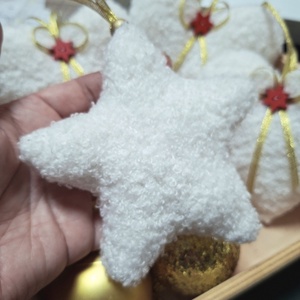 Karácsonyi dísz szett  szívecskék és csillag, fehér, puha Teddy anyagból - karácsony - karácsonyi lakásdekoráció - karácsonyfadíszek - Meska.hu