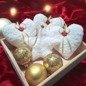 Karácsonyi dísz szett  szívecskék és csillag, fehér, puha Teddy anyagból - Meska.hu