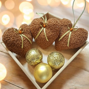 Karácsonyi dísz szett  szívecskék, rozsdabarna, puha Teddy anyagból, 3db, Karácsony, Karácsonyi lakásdekoráció, Karácsonyfadíszek, Varrás, MESKA