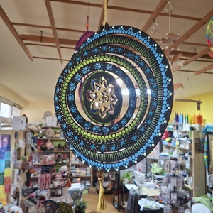 Pontozott fa szélforgó  OM jellel, KékZöldArany (30 cm) - otthon & életmód - dekoráció - dísztárgy - Meska.hu