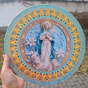 Aranykék pontozott Mária mandala fém betéttel  30 cm - Meska.hu