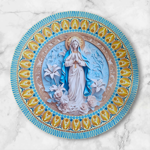 Aranykék pontozott Mária mandala fém betéttel  30 cm - Meska.hu