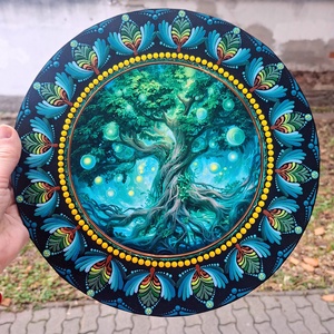 Mesebeli életfa mandala, 30 cm, fém betéttel  - művészet - festmény - festmény vegyes technika - Meska.hu