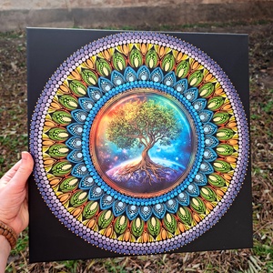Szakrális életfa pontozott mandala, 40 cm, fém betétes - művészet - festmény - festmény vegyes technika - Meska.hu