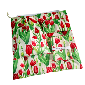 Ülőpárna+textilszalvéta 2db+babzsák+tisztasági zsák szett oviba, suliba, beige, piros tulipánok - játék & sport - ovis felszerelés - egyéb ovis kiegészítő - Meska.hu