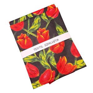 Textil szalvéta 2db, fekete alapon piros tulipános - kérhető nőnapi címkével is, Otthon & Életmód, Konyhafelszerelés, tálalás, Konyhai textil, Szalvéta, Varrás, MESKA