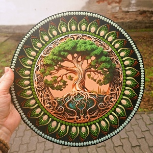 Barna - zöld életfa mandala, 30 cm, fém betéttel � 30 cm, Művészet, Festmény, Festmény vegyes technika, Festészet, MESKA