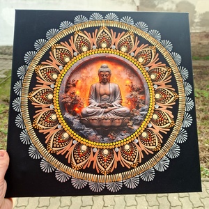 Buddha lótuszon - pontozott mandala 40 cm, fém betéttel - művészet - festmény - festmény vegyes technika - Meska.hu
