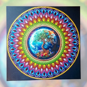 Szakrális életfa pontozott mandala, 40 cm, fém betéttel, Művészet, Festmény, Festmény vegyes technika, Festészet, MESKA