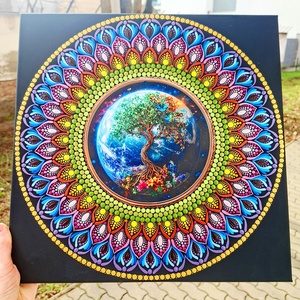 Szakrális életfa pontozott mandala, 40 cm, fém betéttel - művészet - festmény - festmény vegyes technika - Meska.hu