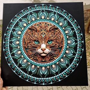 Türkiz�arany lélekőrző cica - pontozott mandala 40 cm, fém betéttel, Művészet, Festmény, Festmény vegyes technika, Festészet, MESKA
