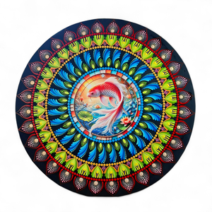 Bőség mandala Koi ponty motívummal - pontozott mandala 50 cm, fém betéttel, Művészet, Festmény, Festmény vegyes technika, Festészet, MESKA
