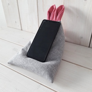 Nyuszifüles mini babzsák mobiltartó szürke-rózsaszín, Otthon & Életmód, Tárolás & Rendszerezés, Asztali telefontartó, Varrás, MESKA