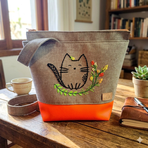 Project bag, neszeszer - Kézzel hímzett, narancs cicás, Táska & Tok, Bevásárlás & Shopper táska, Shopper, textiltáska, szatyor, Varrás, MESKA