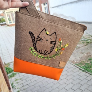 Project bag, neszeszer - Kézzel hímzett, narancs cicás - táska & tok - bevásárlás & shopper táska - shopper, textiltáska, szatyor - Meska.hu