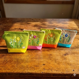 Project bag, neszeszer - Hímzett vadvirágos, kivizöld-narancs - táska & tok - bevásárlás & shopper táska - shopper, textiltáska, szatyor - Meska.hu
