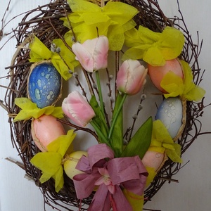 Tojásos-tulipános , ,színes,,húsvéti ,vessző,ajtódísz, koszorú ,kopogtató(nagy méret) - otthon & életmód - dekoráció - ajtó- és ablak dekoráció - ajtódísz & kopogtató - Meska.hu
