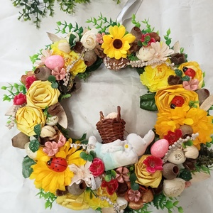 Színes tavaszi -husveti Napsugár ajtódísz, koszorú , Otthon & Életmód, Dekoráció, Ajtó- és ablak dekoráció, Ajtódísz & Kopogtató, Virágkötés, MESKA
