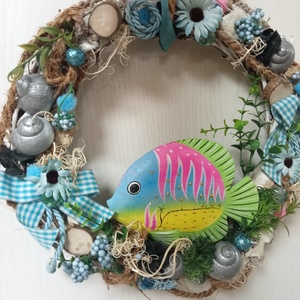 TENGER-kék nyári, halacska ajtódísz,koszorú,kopogtató,falidísz, Otthon & Életmód, Dekoráció, Ajtó- és ablak dekoráció, Ajtódísz & Kopogtató, Virágkötés, MESKA