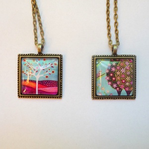 Tavaszias virágos-fás-baglyos nyaklánc - ékszer - nyaklánc - medálos nyaklánc - Meska.hu