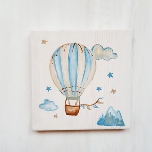 Hőlégballon kék- bézs színben- Egyedi kézi festett falikép, gyerekszobai dekoráció, rendelhető más mintával is! - Meska.hu