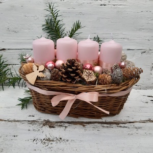 Adventi kosár natúr,  rózsaszínben, karácsonyi asztaldísz, dekoráció, adventi koszorú, adventi dísz - karácsony - adventi díszek - adventi koszorú - Meska.hu