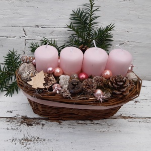 Adventi kosár natúr,  rózsaszínben, karácsonyi asztaldísz, dekoráció, adventi koszorú, adventi dísz - karácsony - adventi díszek - adventi koszorú - Meska.hu
