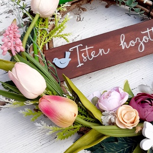 Tavaszi rét- Tulipános fészekkoszorú, húsvéti kopogtató kézzel írott táblával - otthon & életmód - dekoráció - ajtó- és ablak dekoráció - ajtódísz & kopogtató - Meska.hu