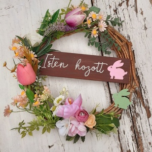 Isten hozott-  Tulipános fészekkoszorú, húsvéti kopogtató kézzel írott táblával - Meska.hu