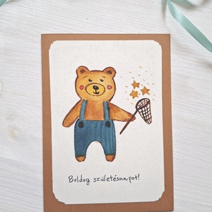 Kismackó köszöntő lap- kézzel festett, születésnapra, jókívánságok,  - Meska.hu