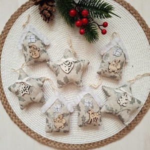 Havas házikók, csillagok-ezüst leveles karácsonyi country dekoráció, díszek , Karácsony, Karácsonyi lakásdekoráció, Karácsonyi lakásdíszek, Varrás, MESKA