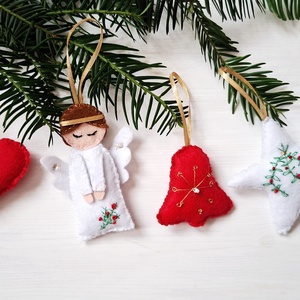 Karácsonyi hímzett filc díszek-4db angyal, csillag, csengő, szív  - karácsony - karácsonyi lakásdekoráció - karácsonyfadíszek - Meska.hu
