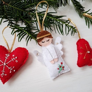 Karácsonyi hímzett filc díszek-4db angyal, csillag, csengő, szív , Karácsony, Karácsonyi lakásdekoráció, Karácsonyfadíszek, Varrás, MESKA
