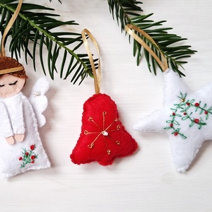 Karácsonyi hímzett filc díszek-4db angyal, csillag, csengő, szív  - Meska.hu