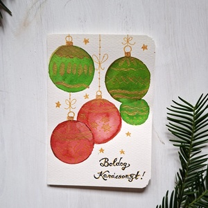  Karácsonyi gömbök- Kézzel festett akvarell üdvözlő lap, Könyv & Zene, Könyvjelző, Fotó, grafika, rajz, illusztráció, MESKA