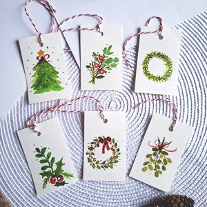 Karácsonyi zöldek- 6db- kézzel festett karácsonyi ajándékkísérő, dekoráció, Karácsony, Karácsonyi lakásdekoráció, Karácsonyfadíszek, Fotó, grafika, rajz, illusztráció, MESKA