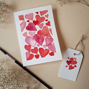 Csupa Szív -kézzel festett köszöntőlap, Valentin napi kártya, nőnapra, anyák napjára -ajándékkártyával, Otthon & Életmód, Papír, írószer, Ajándékozás kellékei, Képeslap, üdvözlőlap, Fotó, grafika, rajz, illusztráció, MESKA