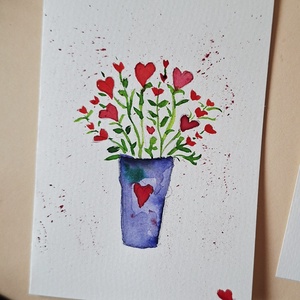 Szívek cserépben- kézzel festett köszöntőlap, Valentin napi kártya, nőnapra, anyák napjára -ajándékkártyával - otthon & életmód - papír, írószer - ajándékozás kellékei - képeslap, üdvözlőlap - Meska.hu