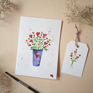 Szívek cserépben- kézzel festett köszöntőlap, Valentin napi kártya, nőnapra, anyák napjára -ajándékkártyával, Otthon & Életmód, Papír, írószer, Ajándékozás kellékei, Képeslap, üdvözlőlap, Fotó, grafika, rajz, illusztráció, MESKA