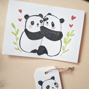  Cuki pandák--kézzel festett köszöntőlap, Valentin napi kártya, nőnapra, anyák napjára -ajándékkártyával - könyv & zene - könyvjelző - Meska.hu