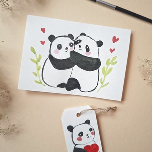  Cuki pandák--kézzel festett köszöntőlap, Valentin napi kártya, nőnapra, anyák napjára -ajándékkártyával, Könyv & Zene, Könyvjelző, Fotó, grafika, rajz, illusztráció, MESKA