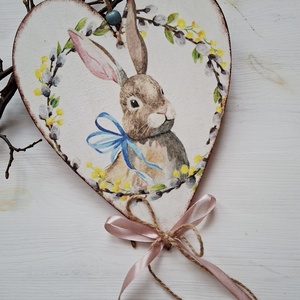 Nyuszis szívtábla- tavaszi dekoráció, húsvéti dísz, Otthon & Életmód, Dekoráció, Fali és függő dekoráció, Függődísz, Decoupage, transzfer és szalvétatechnika, MESKA